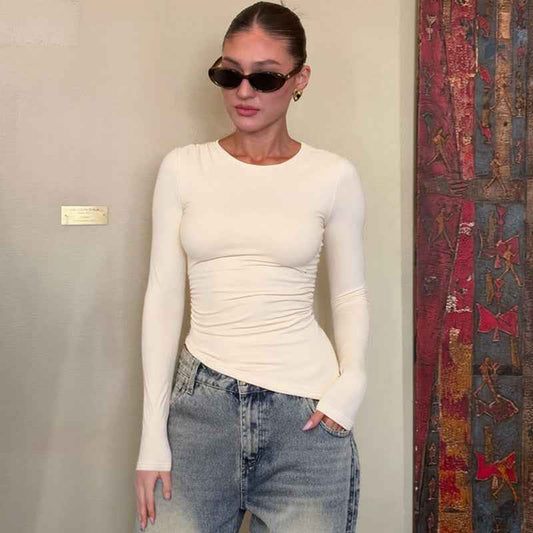 Women’s Summer Slim Fit Crew Neck Long Sleeve Beveled Top