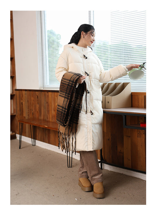 Half-High Collar Long Sleeves Bread Coat for Women Autumn Winter Thick Windproof Extended Long Coat White Duck down Hooded down Jacket - Iyanka