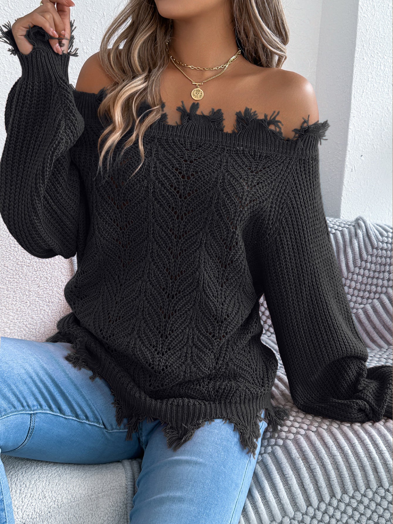 Autumn Winter Solid Color Hollow Out Cutout out Long Sleeve Cut off Shoulder Pullover Sweater Women Clothing - Iyanka
