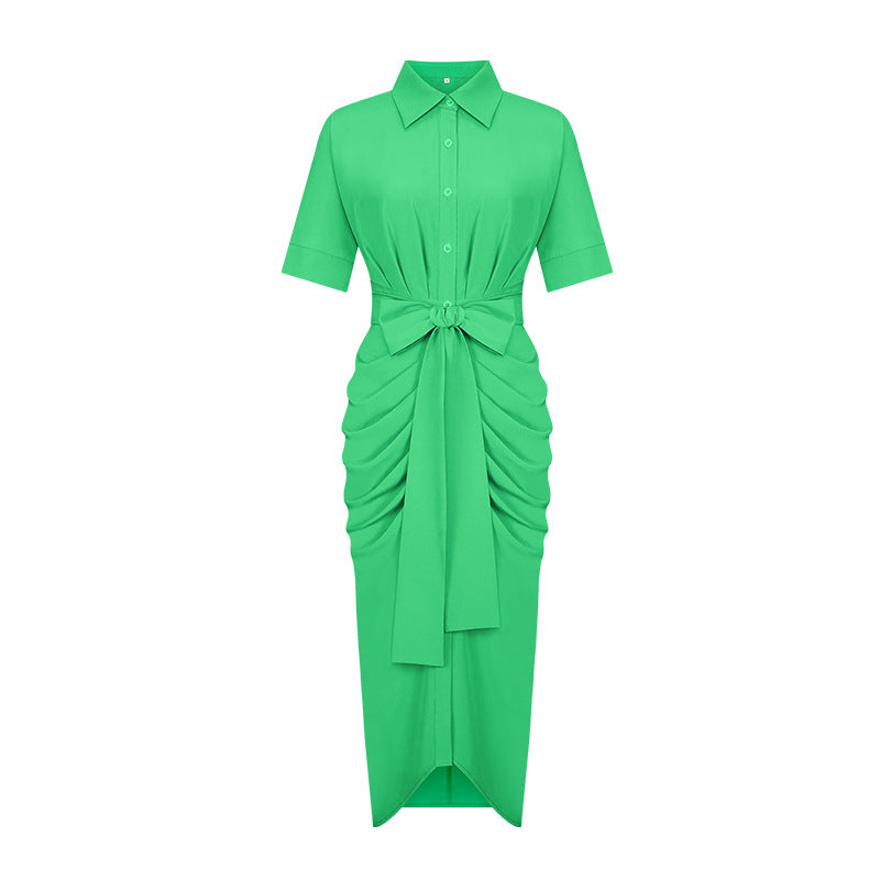 Women Clothing Dress Arrival Collared Elegant Mid Length Short Sleeve Single Breasted High Waist Shirt Dress