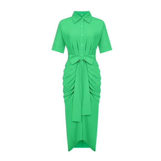 Women Clothing Dress Arrival Collared Elegant Mid Length Short Sleeve Single Breasted High Waist Shirt Dress