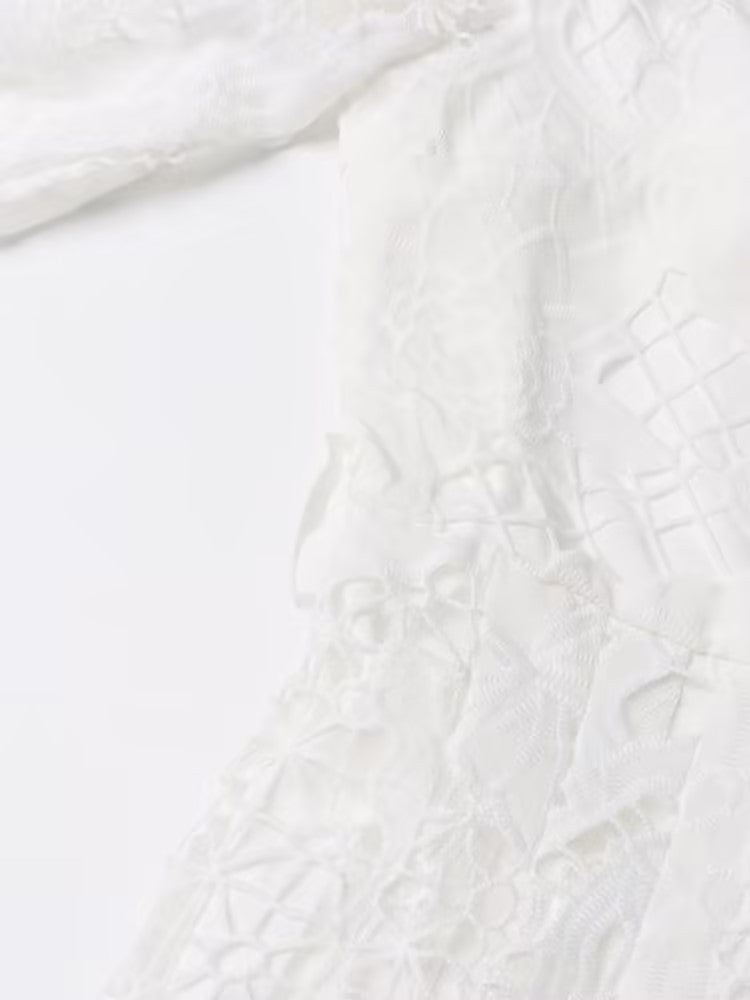 Retro Autumn Polo Collar Long Lantern Sleeve Mid Length with Embroidery Hollow Out Cutout out Solid Color Dress for Women