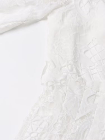 Retro Autumn Polo Collar Long Lantern Sleeve Mid Length with Embroidery Hollow Out Cutout out Solid Color Dress for Women