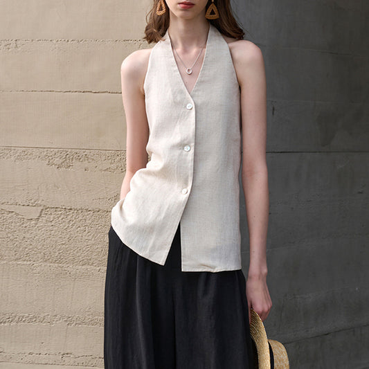 Elegance Retro V neck Halter Sling Women Tencel Linen Bare Back Lace up Sleeveless Top Linen Sexy Vest Summer - Iyanka