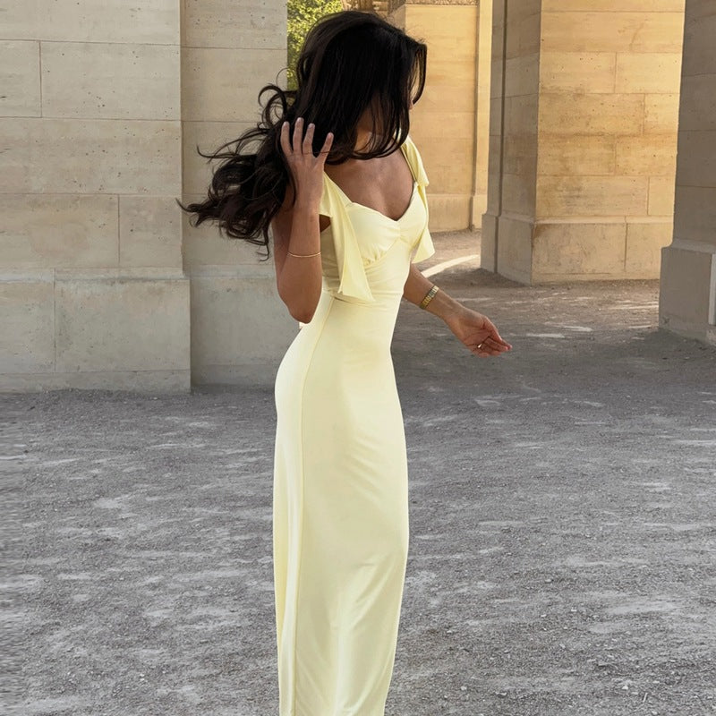 Women Clothing Summer Solid Color Sexy V neck Lace up Waist Controlled Slimming Tight Hip Dress