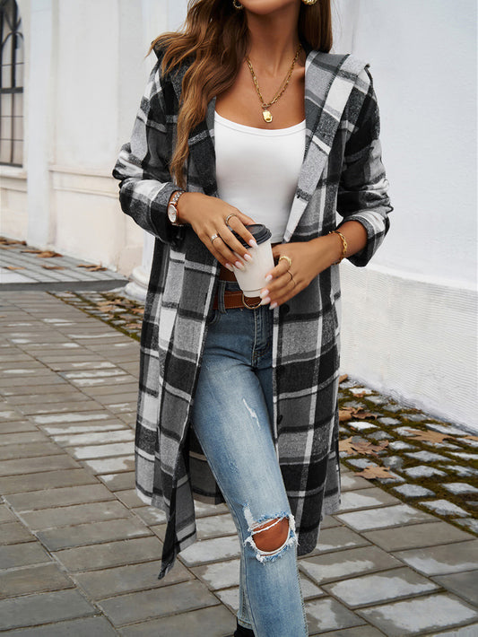 Women Autumn Winter Clothing Casual Loose Contrast Color Breasted Hooded Jacket - Iyanka