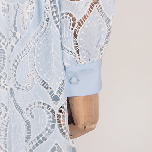 Heavy Industry Embroidery Summer Polo Collar Long Sleeve Lace Up Waist Irregular Asymmetric Dress Women