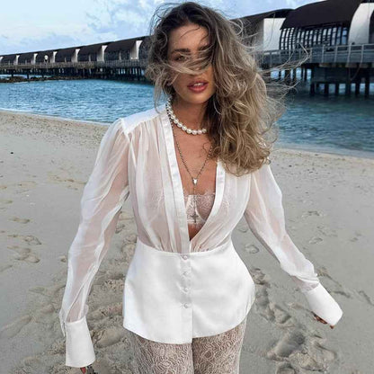 Women’s French Elegant Deep V Lace-Up Long Sleeve Blouse