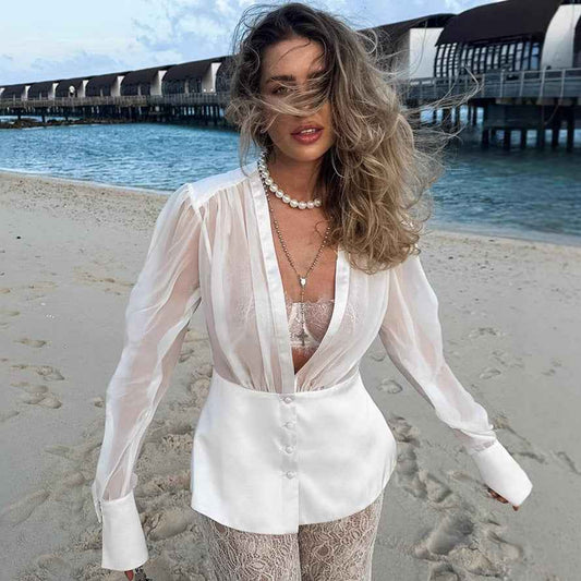 Women’s French Elegant Deep V Lace-Up Long Sleeve Blouse