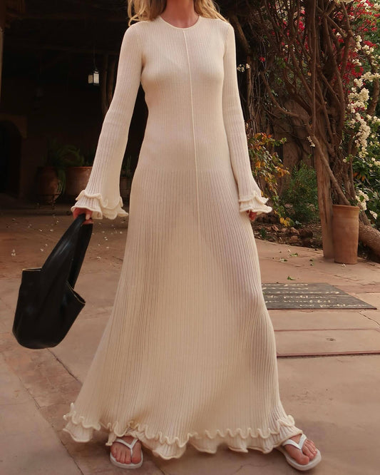 Women Clothing at Pleated Wavy Side Backless Lace up Long Sleeve Dress