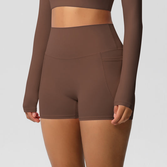 Solid Color Ribbon Pocket Yoga Pants Sports Fitness Shorts Breathable High Waist Belly Contracting Yoga Shorts for Women - Iyanka