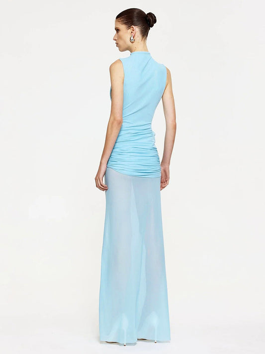 Women Clothing Solid Color Sleeveless Stand up Collar Slim Fit Embellished Pleated A line Maxi Dress