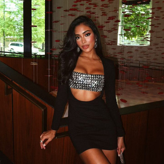 Sexy Women Clothing Nightclub Rhinestone Corset Hollow Out Cutout out Cinched Hip Dress Sexy Dress