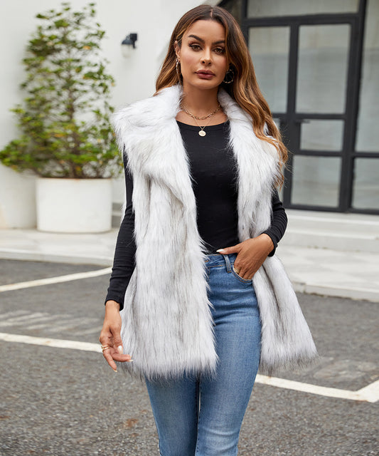 Ladies Faux Fur Suit Collar Vest Faux Fur Vest Plush Long Fur Vest - Iyanka