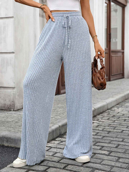 Autumn Winter Solid Color Drawstring Sunken Stripe Brushed Elastic Waist Casual Trousers