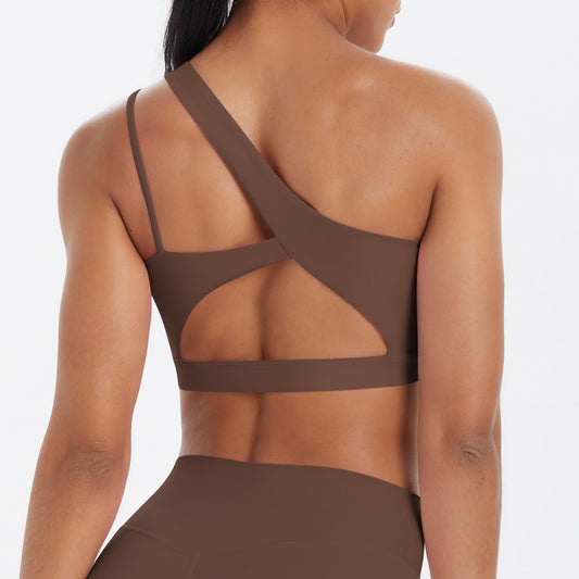 Solid Color One Shoulder Beauty Back Yoga Bra Nude Feel Push up Sports Bra Irregular Asymmetric Shoulder Strap Sports Vest for Women - Iyanka