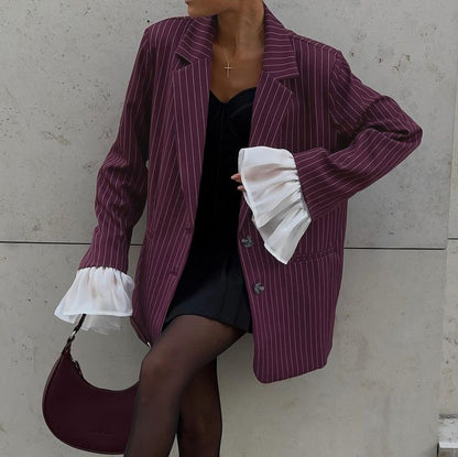 Spring Autumn Elegant Striped Blazer Women Design Lace Bell Sleeve Loose Casual - Iyanka