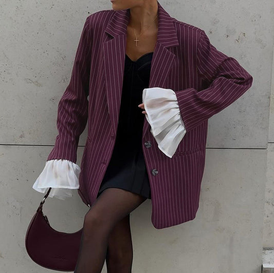 Spring Autumn Elegant Striped Blazer Women Design Lace Bell Sleeve Loose Casual - Iyanka
