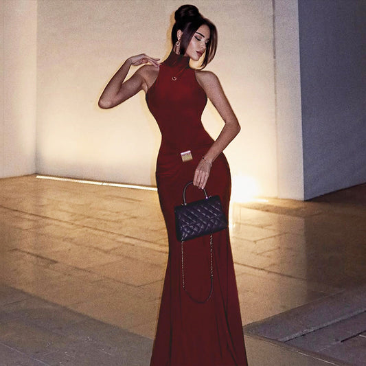 Summer Women Clothing Turtleneck Sleeveless Sexy Backless Slim Fit Waist Tight Dress