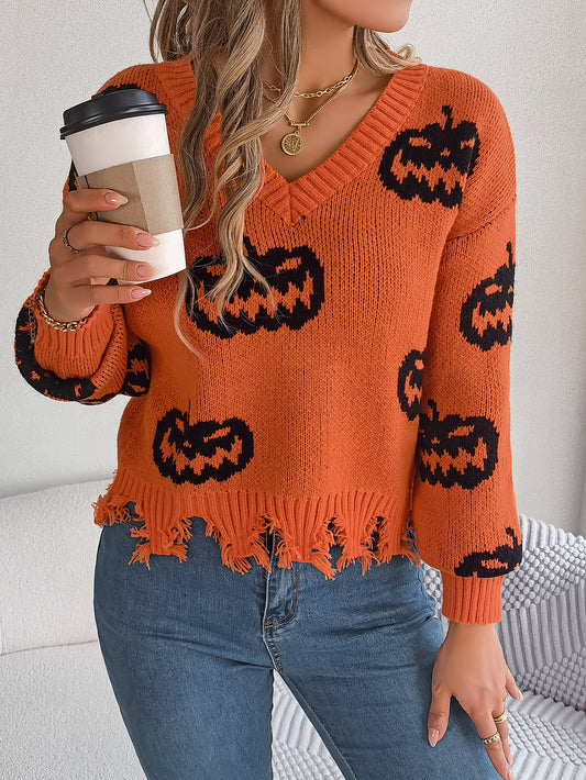 Autumn Winter Halloween Contrast Color Pumpkin Cut Rotten Long Sleeve Pullover Women Clothing - Iyanka