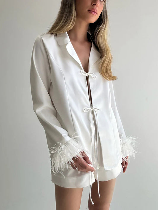 Autumn White Cardigan Lace up Long Sleeve Shorts Pajamas Women Minimalist Can Be Outerwear Homewear - Iyanka