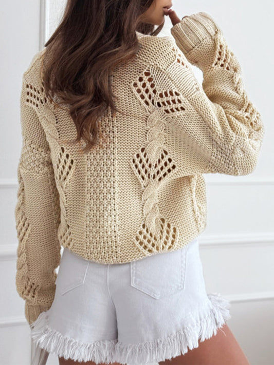 Autumn Winter Cardigan Long Sleeved Button Loose Crochet Hollow Out Cutout out Sweater Women - Iyanka
