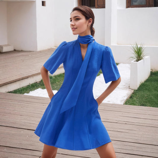 Blue V neck Cut Trim Neck Pocket Embellished A line Dress Swing Natural Scattered Women Dress