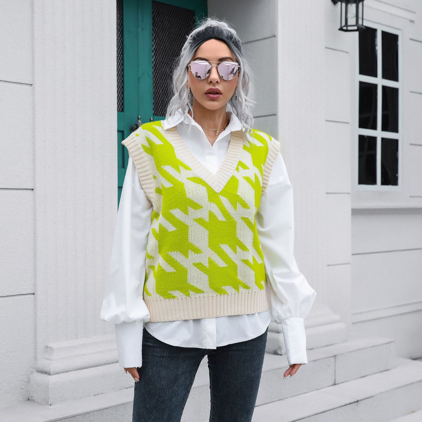 Houndstooth V-neck Vest Sweater Women Vest Outer Wear Inner Wear Autumn Winter Knitwear Sweater Boucle - Iyanka