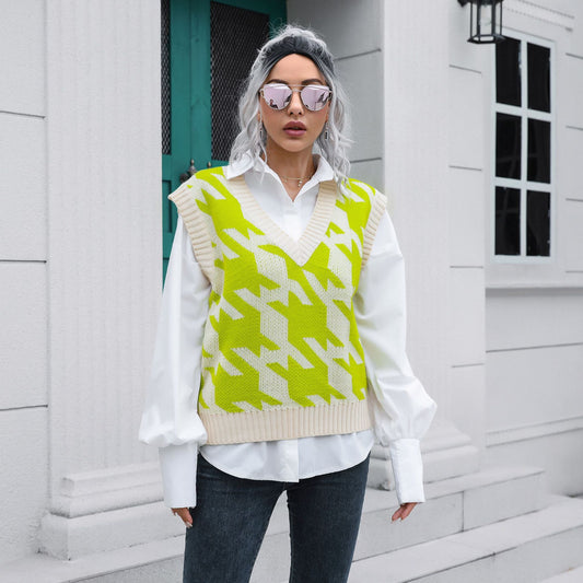 Houndstooth V-neck Vest Sweater Women Vest Outer Wear Inner Wear Autumn Winter Knitwear Sweater Boucle - Iyanka