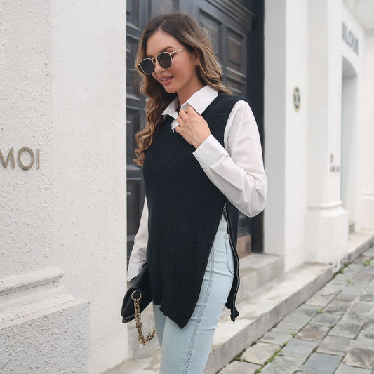 Personalized Side Zipper Split V-neck Vest Knitted Sweater Women Ripped Vest Outer Wear Women Clothing Sweater - Iyanka