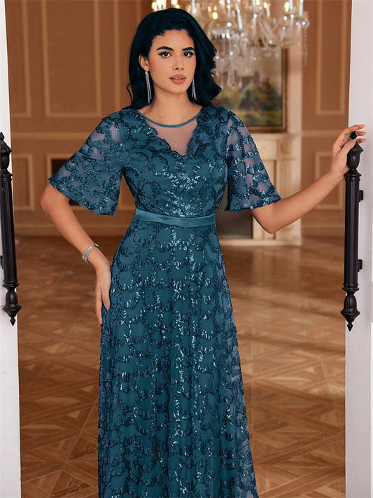 Sequin A line Elegant Square Collar Short Sleeve Party Dress Boning Corset Waist-Tight Dinner Ball Gown - Iyanka