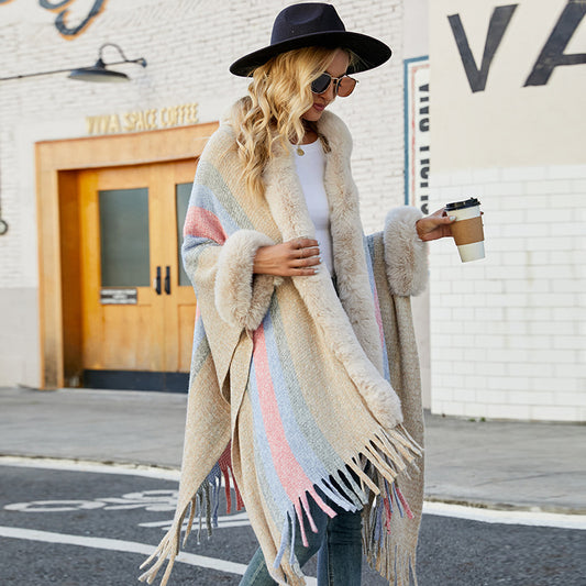Hooded Cape for Women Autumn Winter Striped Knitted Tassel Shawl - Iyanka