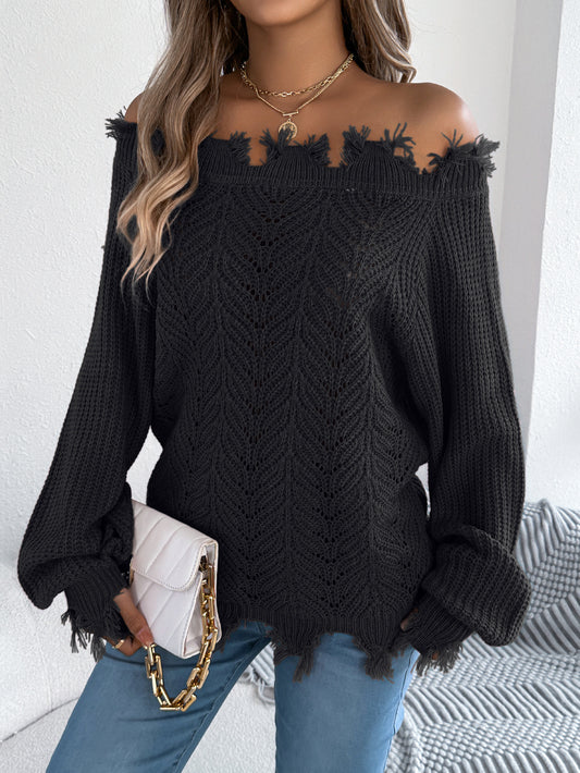 Autumn Winter Solid Color Hollow Out Cutout out Long Sleeve Cut off Shoulder Pullover Sweater Women Clothing - Iyanka
