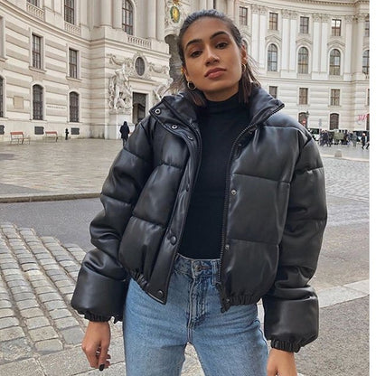 Autumn Winter Leather Coat Women Stand Collar Short Warm Bread Cotton Padded Jacket - Iyanka