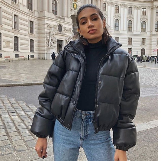 Autumn Winter Leather Coat Women Stand Collar Short Warm Bread Cotton Padded Jacket - Iyanka