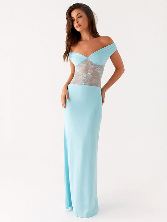 Women Clothing Solid Color off Shoulder Backless Lace Stitching A line Maxi Dress