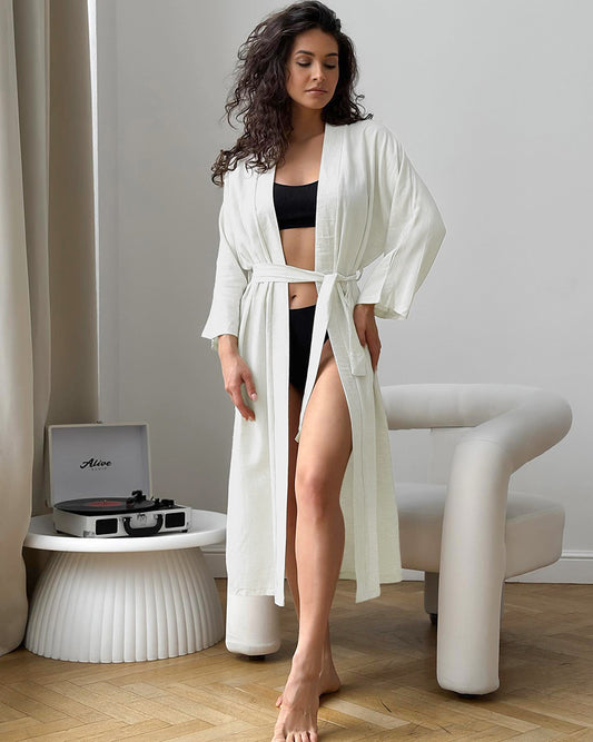 Summer Apricot Cotton Loose Cardigan Lace Up Long Sleeve Nightgown Casual Comfortable Bathrobe Women Homewear - Iyanka