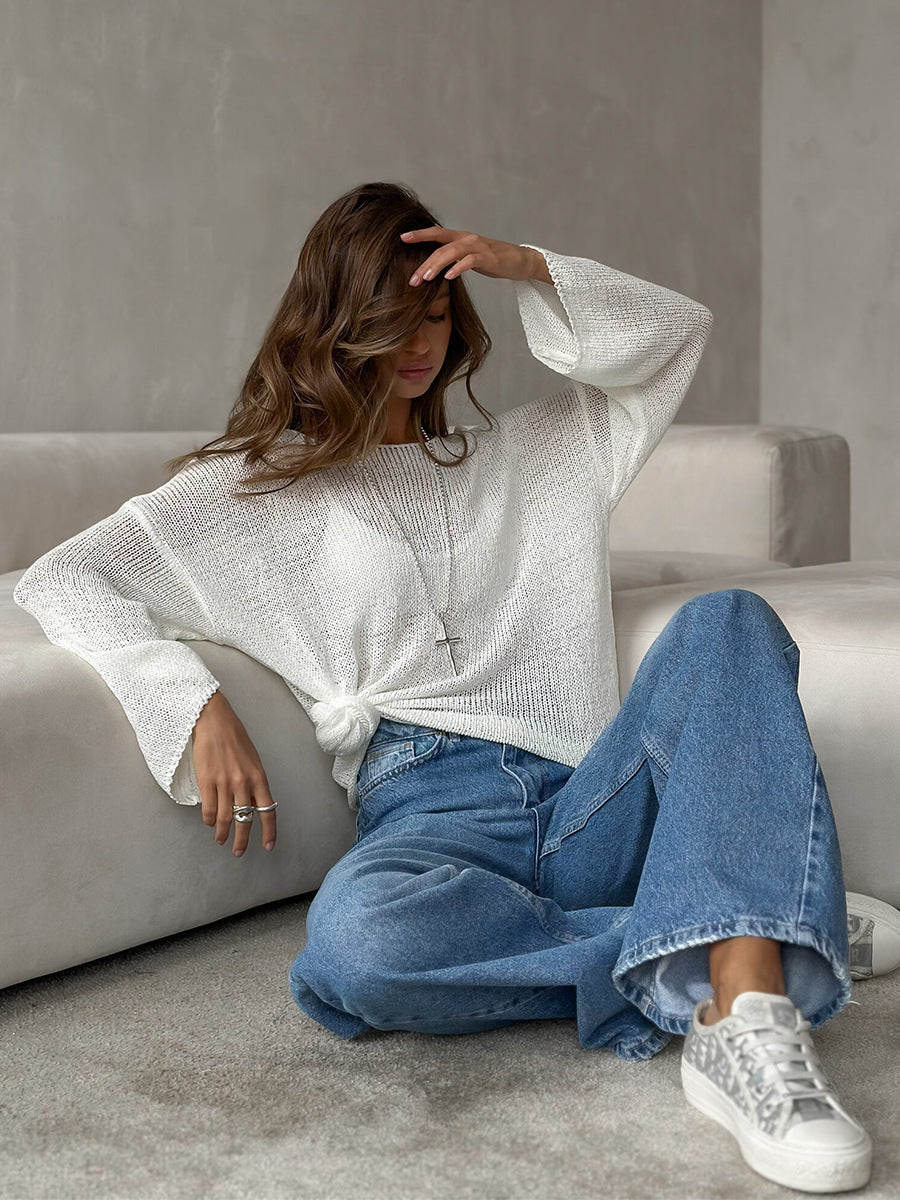 Simple Solid Color Long Sleeved Sweater Spring Knitted Hollow Out Cutout Top Casual Sweater - Iyanka