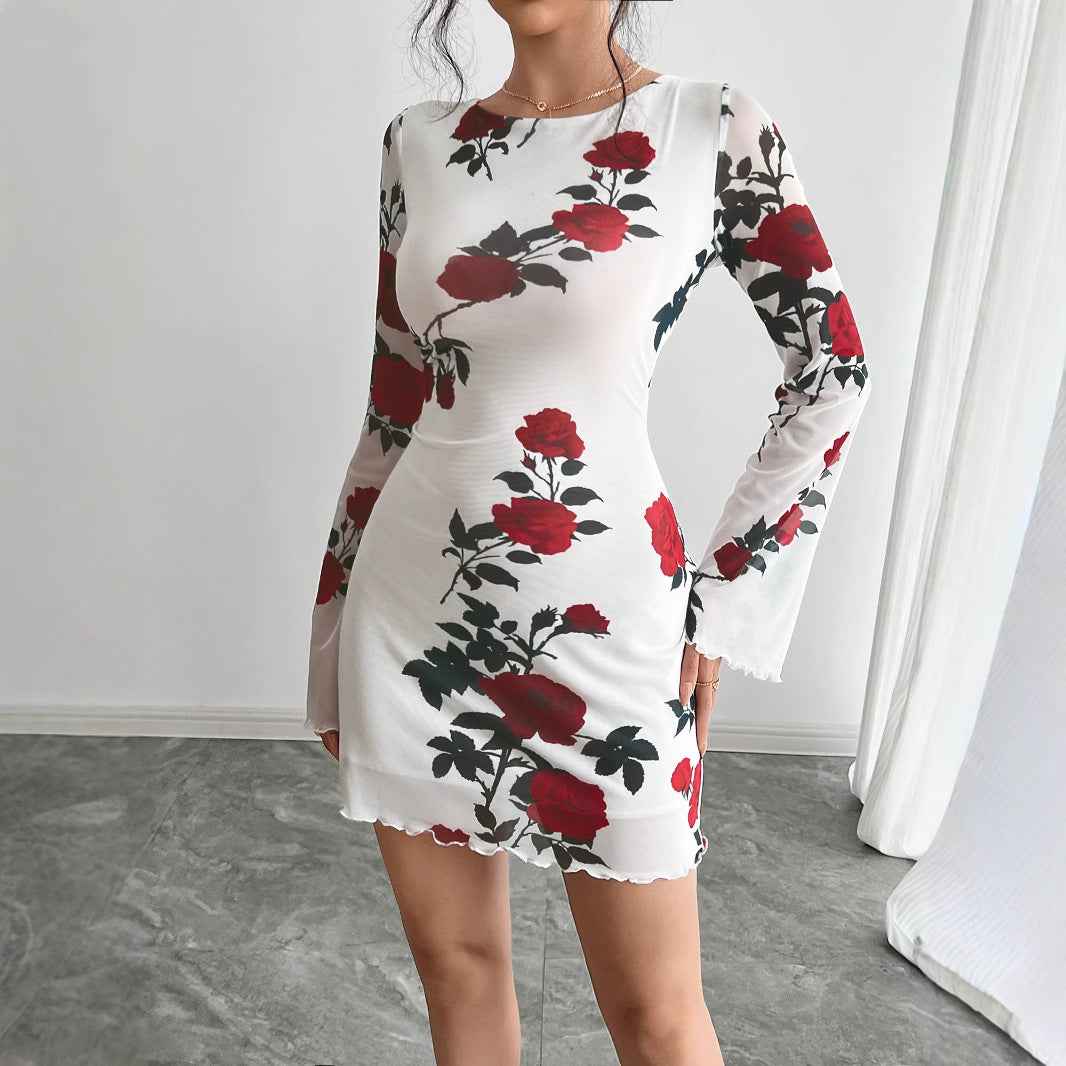 Spring Summer Backless Floral Mini Dress with Gauzy Bell Sleeves