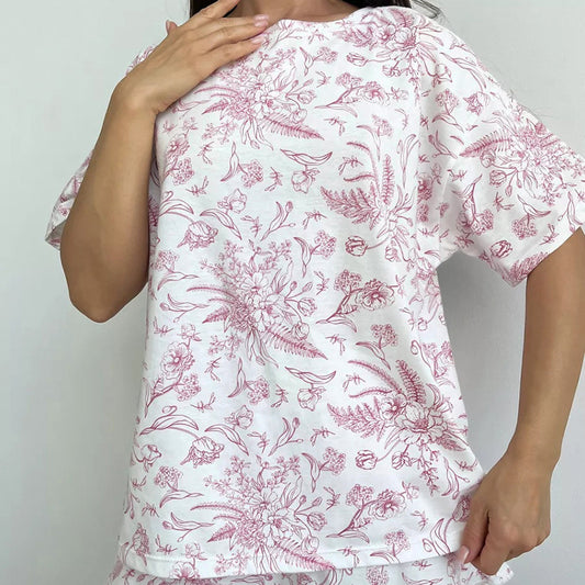 Autumn Casual Home Wear round Neck Short Sleeve Ruffled Shorts Two Piece Knitted Printed Pajamas for Women - Iyanka
