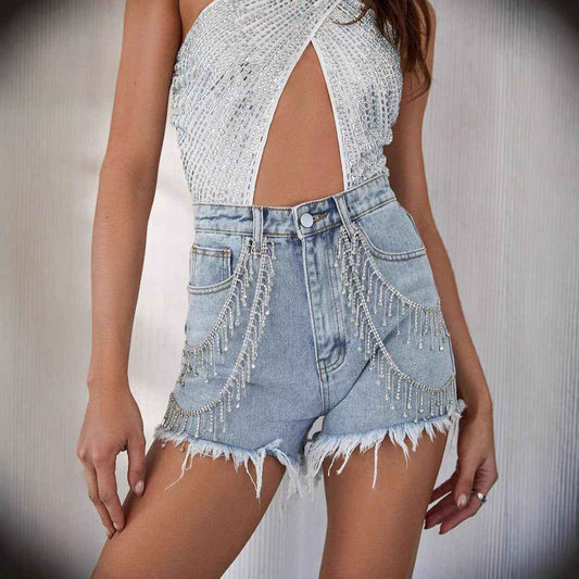 Sexy Tassel Rhinestone Chain Denim Shorts Women Denim Shorts Denim Shorts