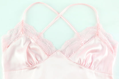 Summer V neck Lace Edge Dress Satin Skin Friendly Sexy Pink Sling Pajamas - Iyanka