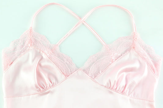 Summer V neck Lace Edge Dress Satin Skin Friendly Sexy Pink Sling Pajamas - Iyanka