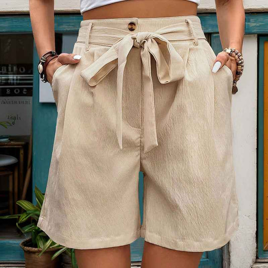 Women Clothes Casual Pants Women Tied Elastic Waist Solid Color Fifth Pants Office Wide Leg Shorts