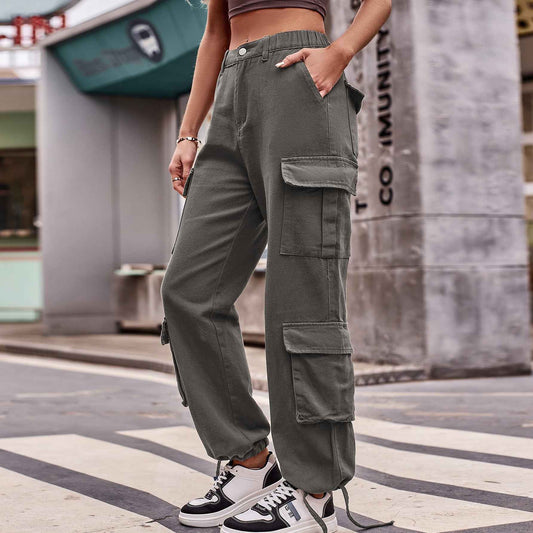 Women Loose Drawstring Design Denim Overalls Casual Sports
