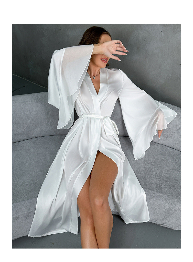 Satin Pajamas Women Long Sleeved Ruffled Chiffon Stitching Nightgown Bathrobe Home Wear Women - Iyanka
