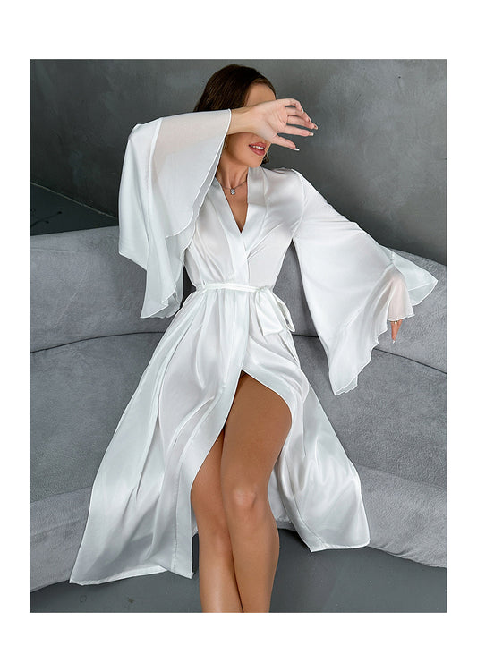 Satin Pajamas Women Long Sleeved Ruffled Chiffon Stitching Nightgown Bathrobe Home Wear Women - Iyanka
