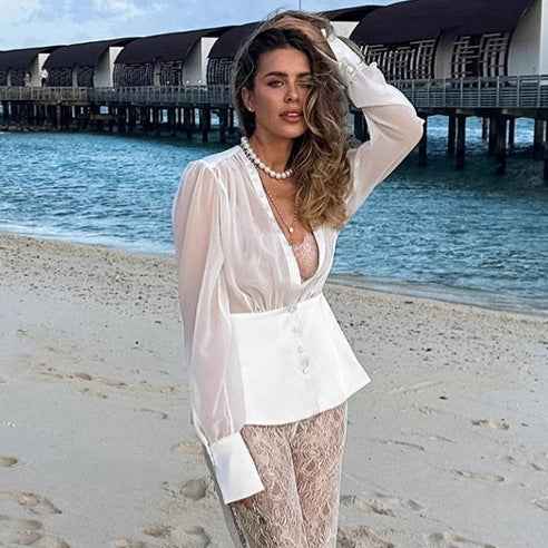 Women’s French Elegant Deep V Lace-Up Long Sleeve Blouse