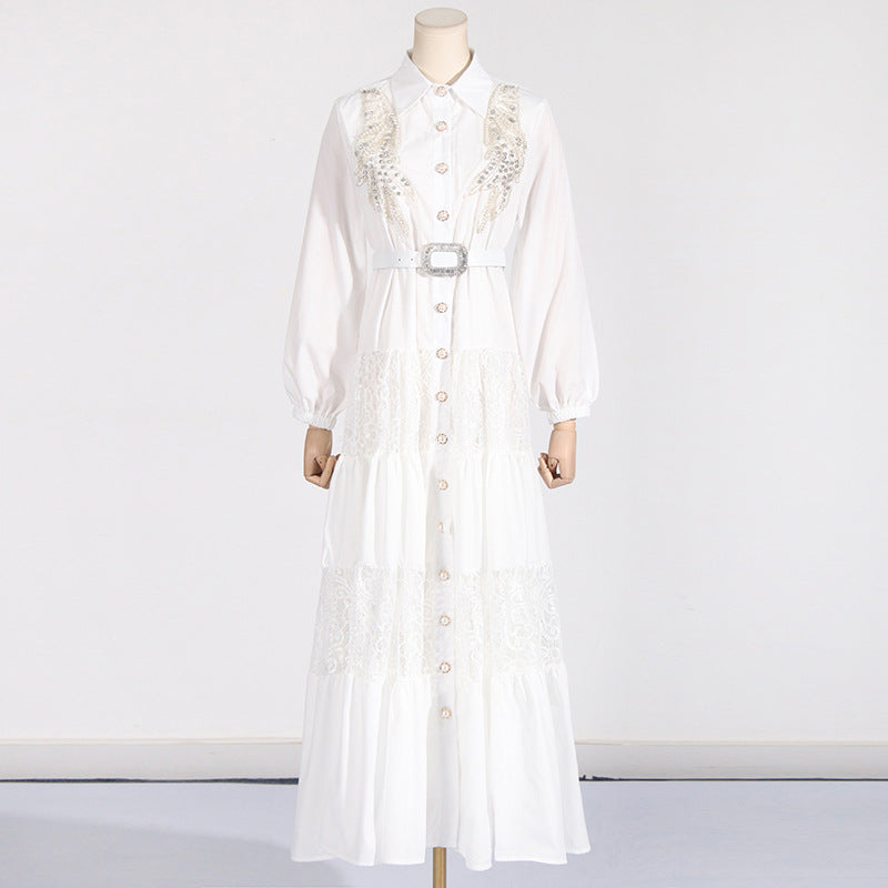 Socialite Elegant Dress Summer Collared Embroidery Water Soluble Floral Patchwork Waist Slimming Maxi Dress for Women