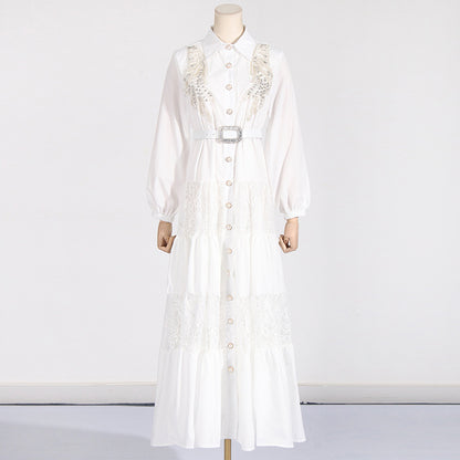 Socialite Elegant Dress Summer Collared Embroidery Water Soluble Floral Patchwork Waist Slimming Maxi Dress for Women